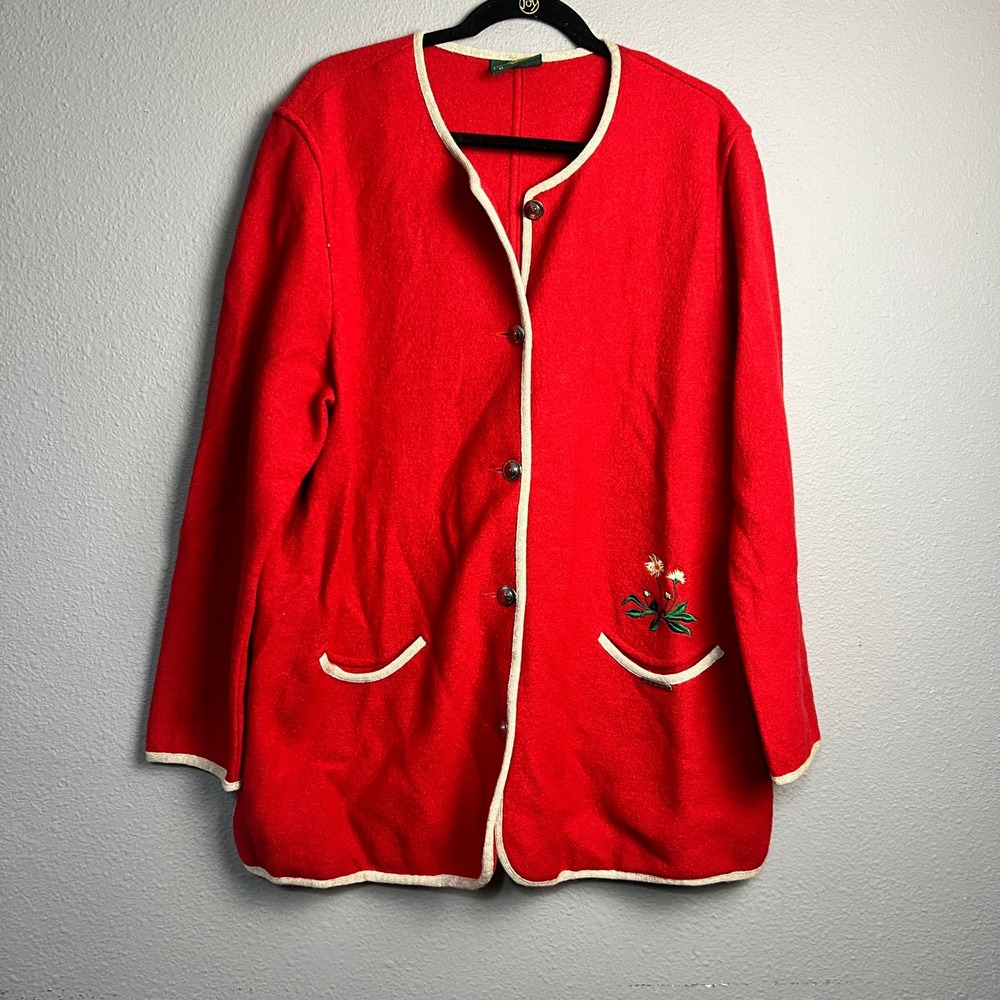 Vintage Austria Geiger Collections Red‎ Retro Embroidered Wool Cardigan Size 44